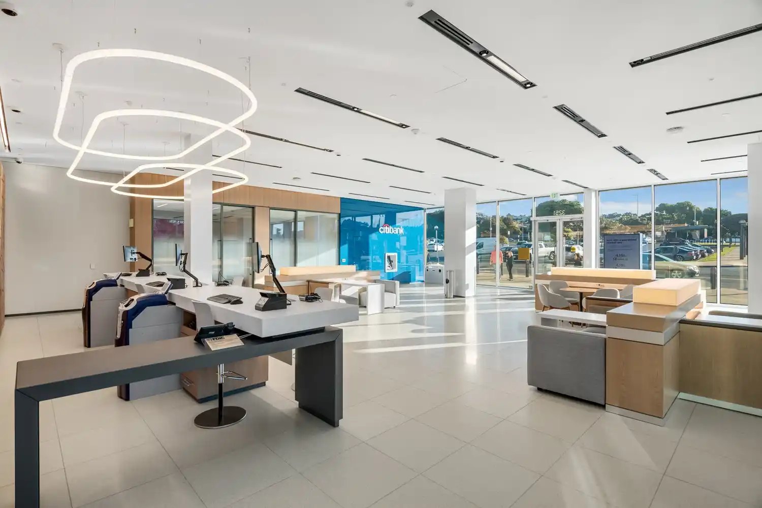 Commercial interior with faceted ceiling and reception desk