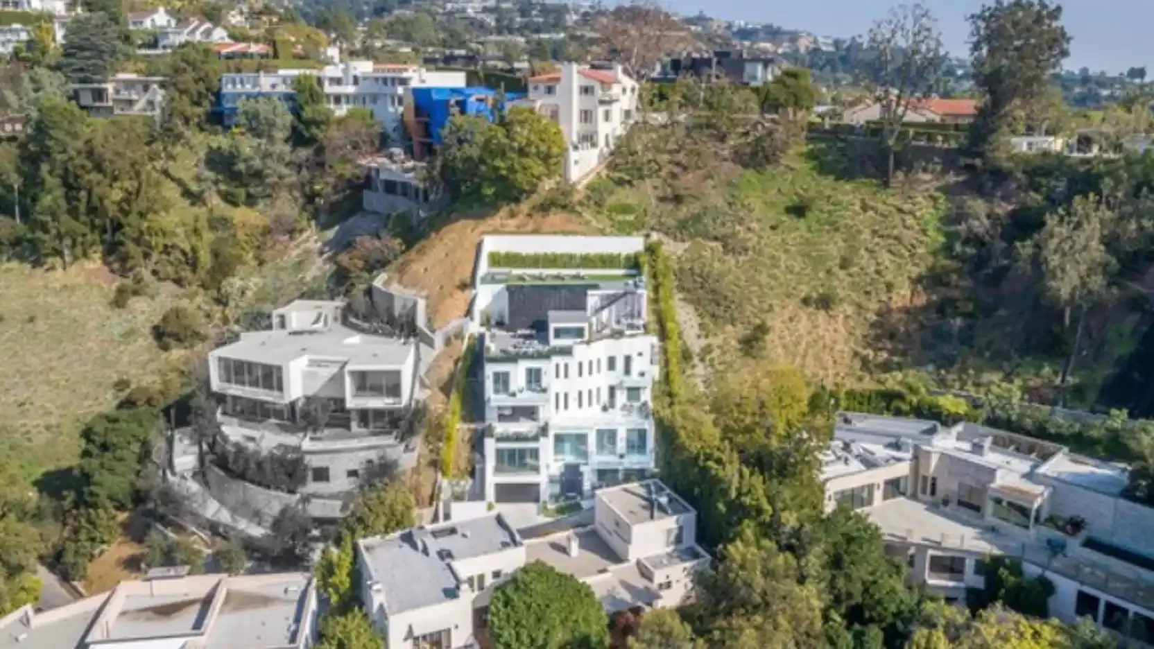 Bel Air residence in its hillside setting above the canyon with neighbouring homes below