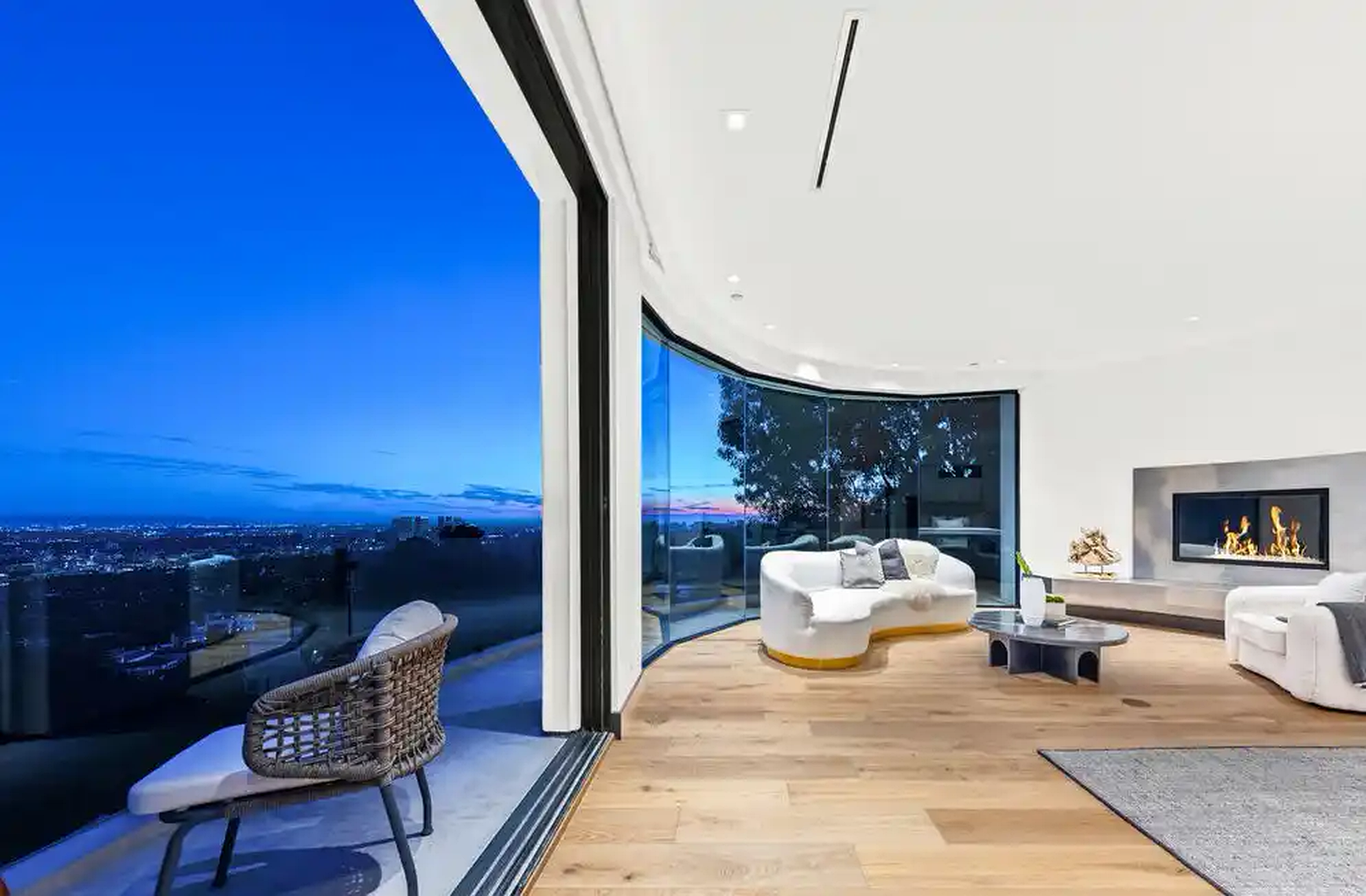 Beverly Crest lounge with sculptural blue ceiling feature