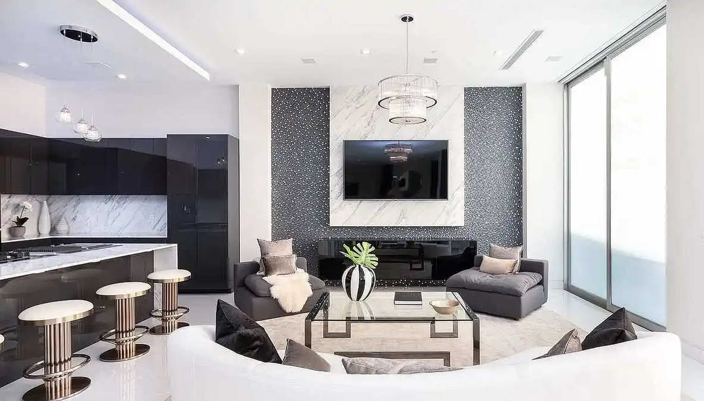 Beverly Crest media room with dark fireplace wall
