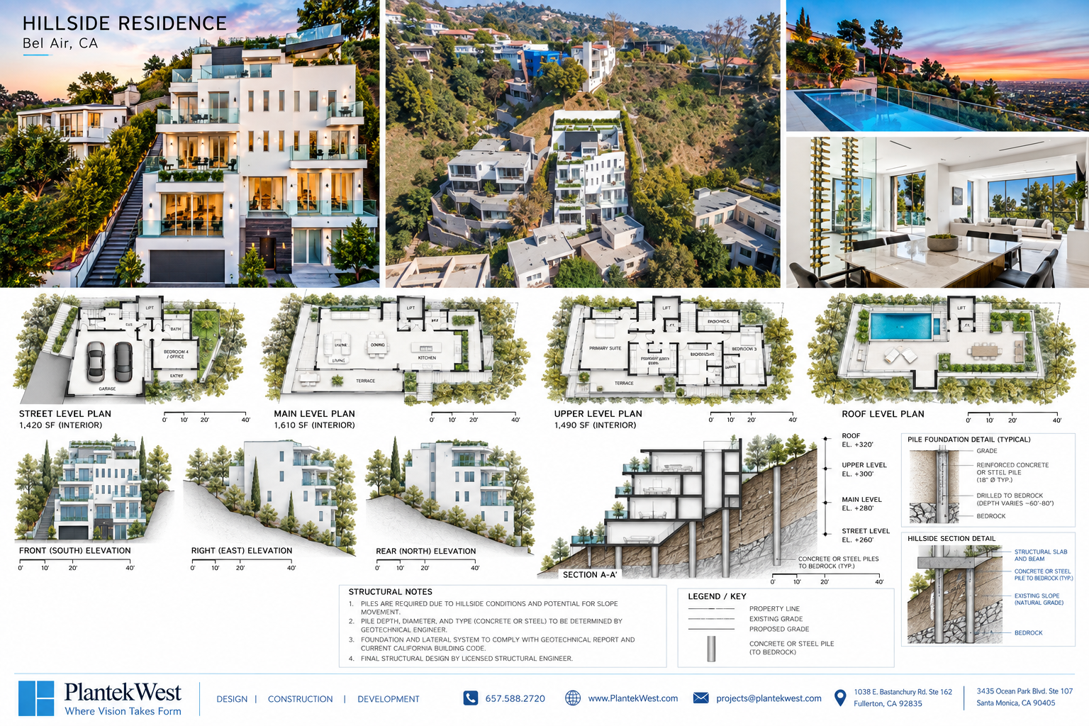 Bel Air hillside residence presentation board with plans, elevations and project photography