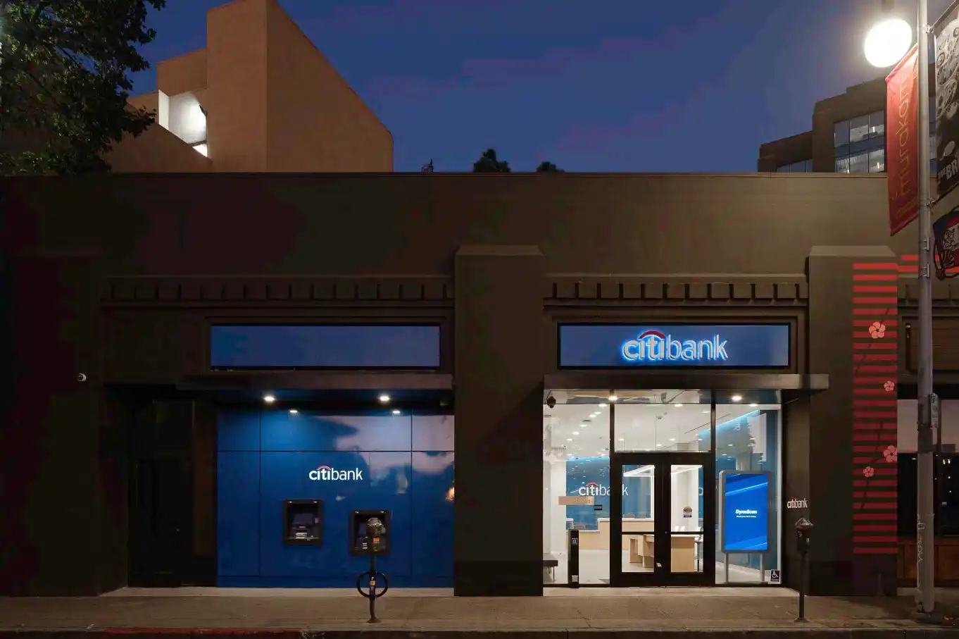 Citibank branch exterior at dusk