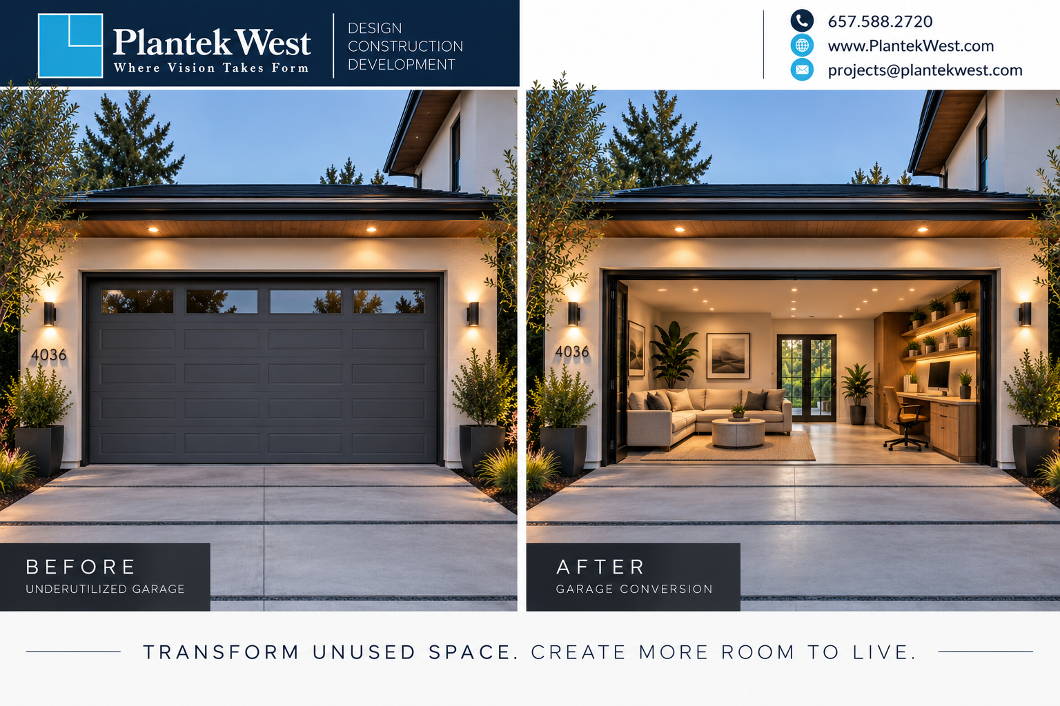 Before and after garage conversion board showing an underutilized garage transformed into an open living space