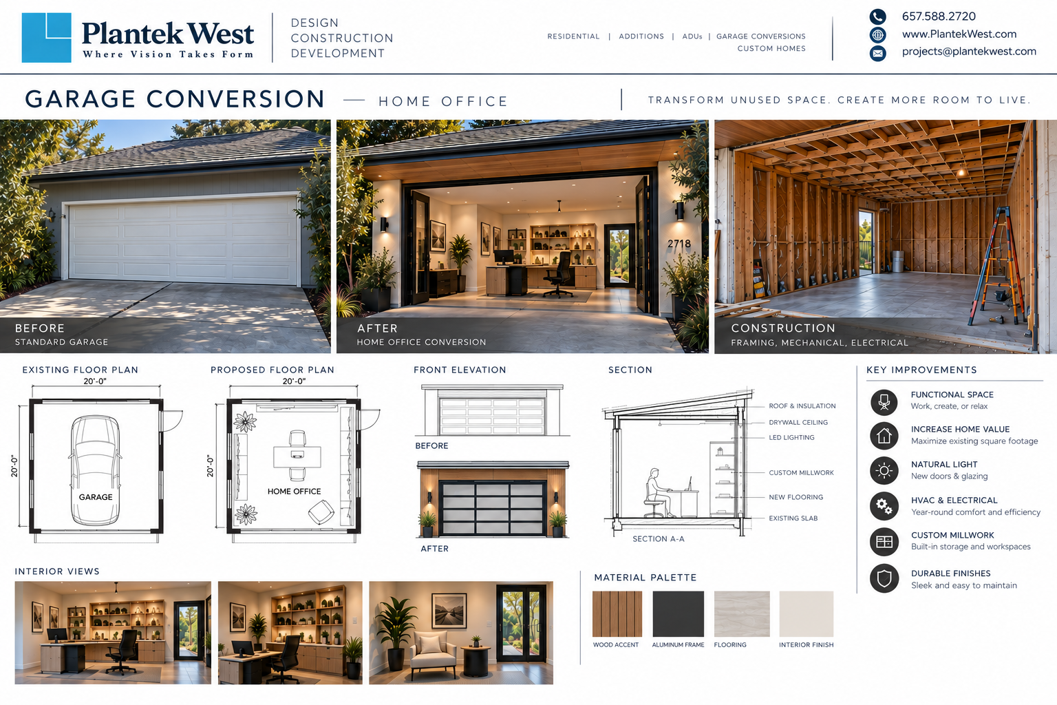 Garage conversion home office design board with before and after photos, floor plans, elevation and section drawings