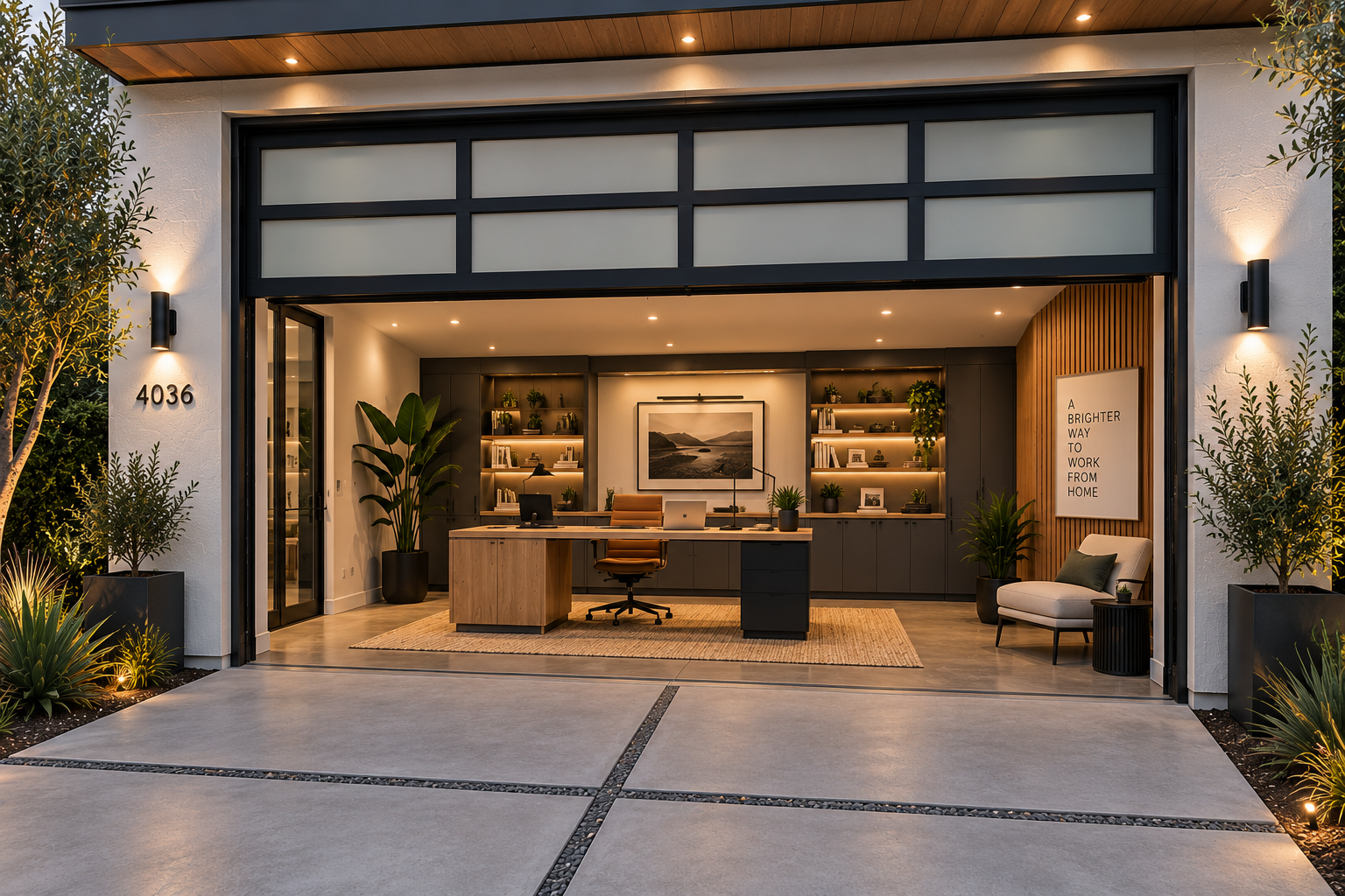 Completed garage conversion home office at dusk with glazed garage door, built in millwork and warm lighting