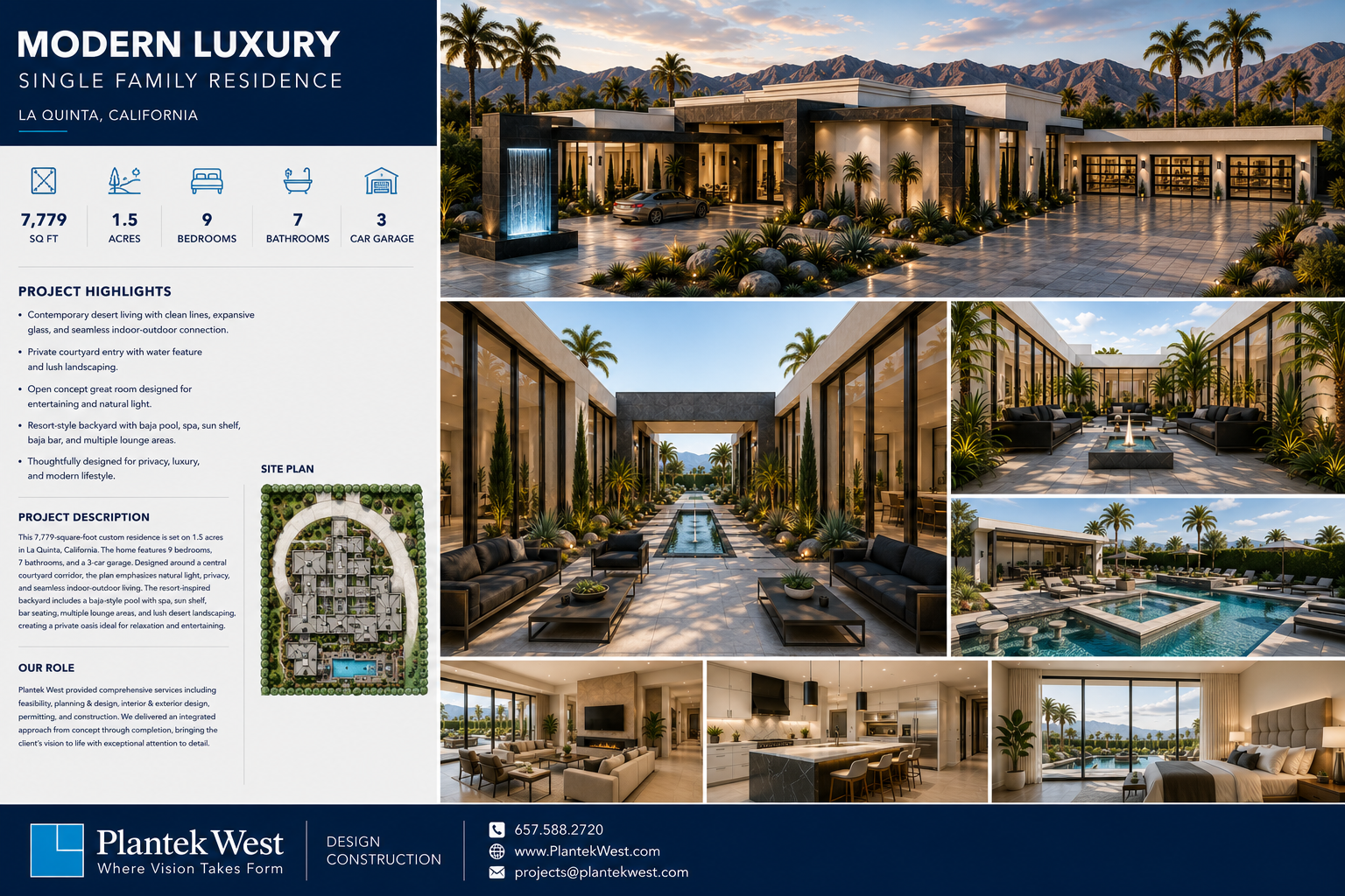 La Quinta luxury custom single-family residence board with exterior renderings, pool, and site plan