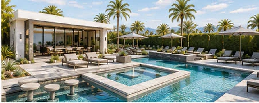 La Quinta pool terrace with spa, swim-up seating and shaded loungers