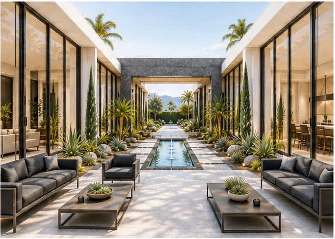 La Quinta courtyard with water feature, glazed corridors and lounge seating