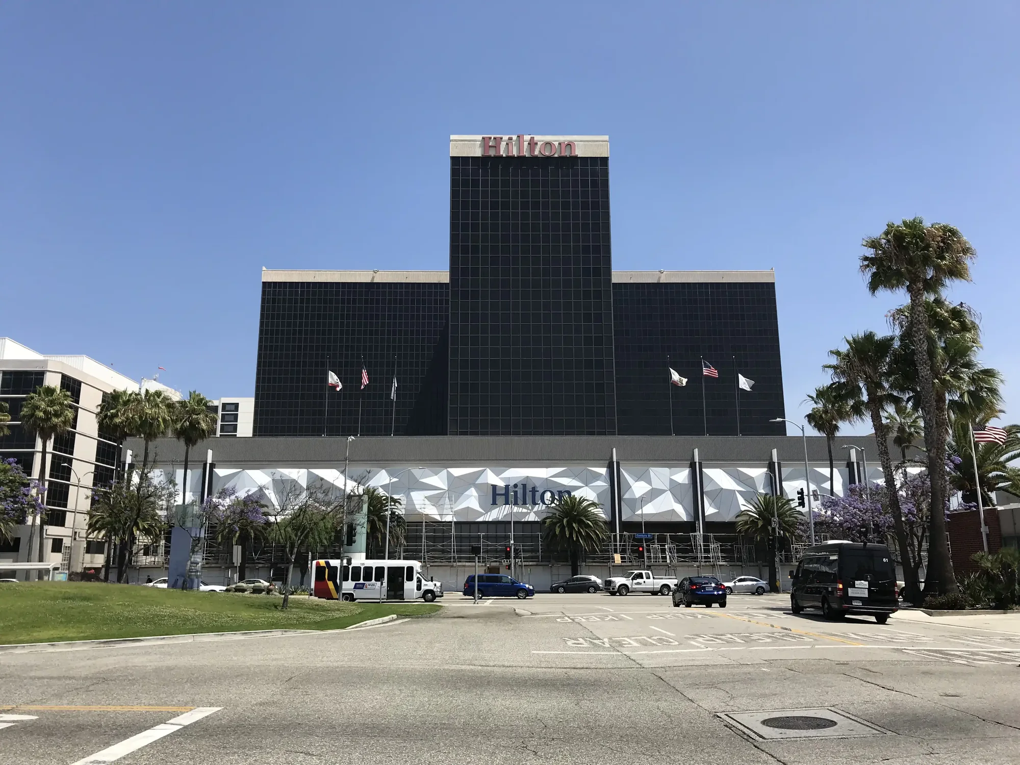 Hotel tower exterior seen from the arrival forecourt