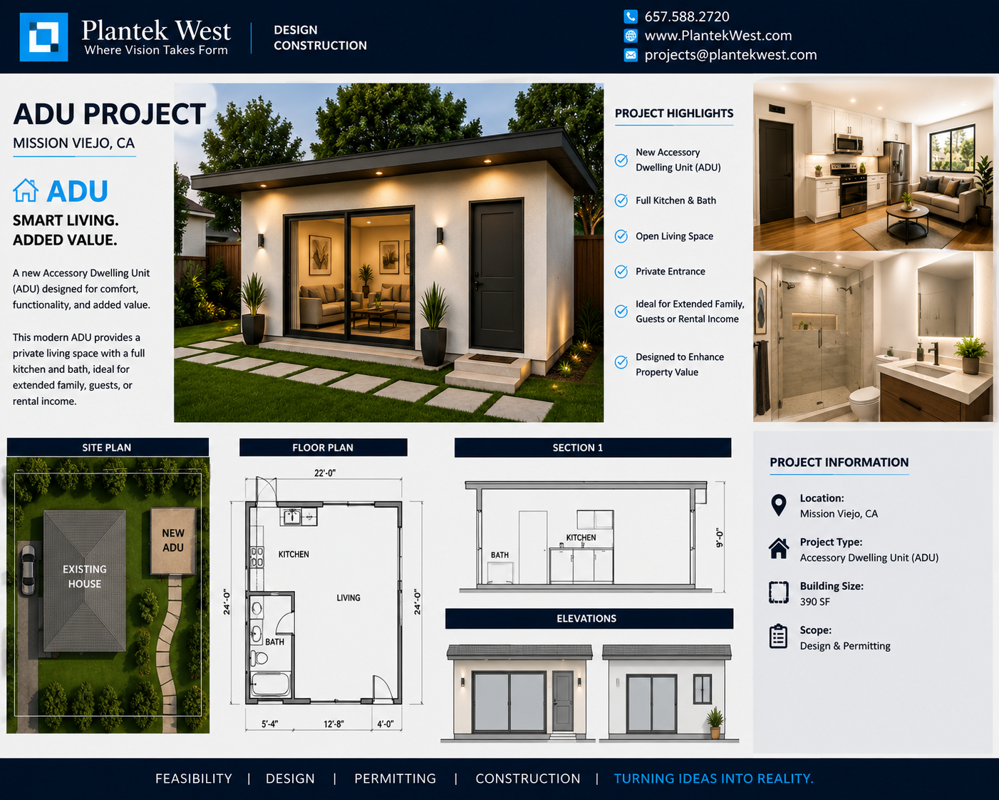 Mission Viejo ADU board with exterior rendering, kitchen and bath photos, site plan, floor plan, section, and elevations