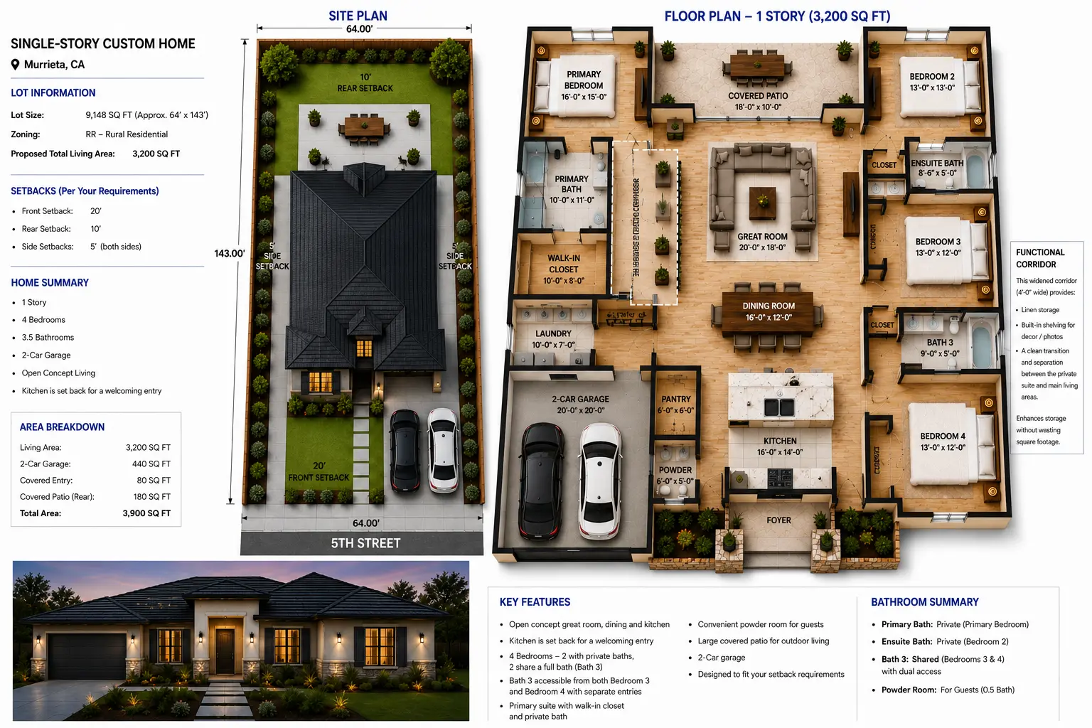 Murrieta single-story custom home site plan, floor plan and exterior rendering