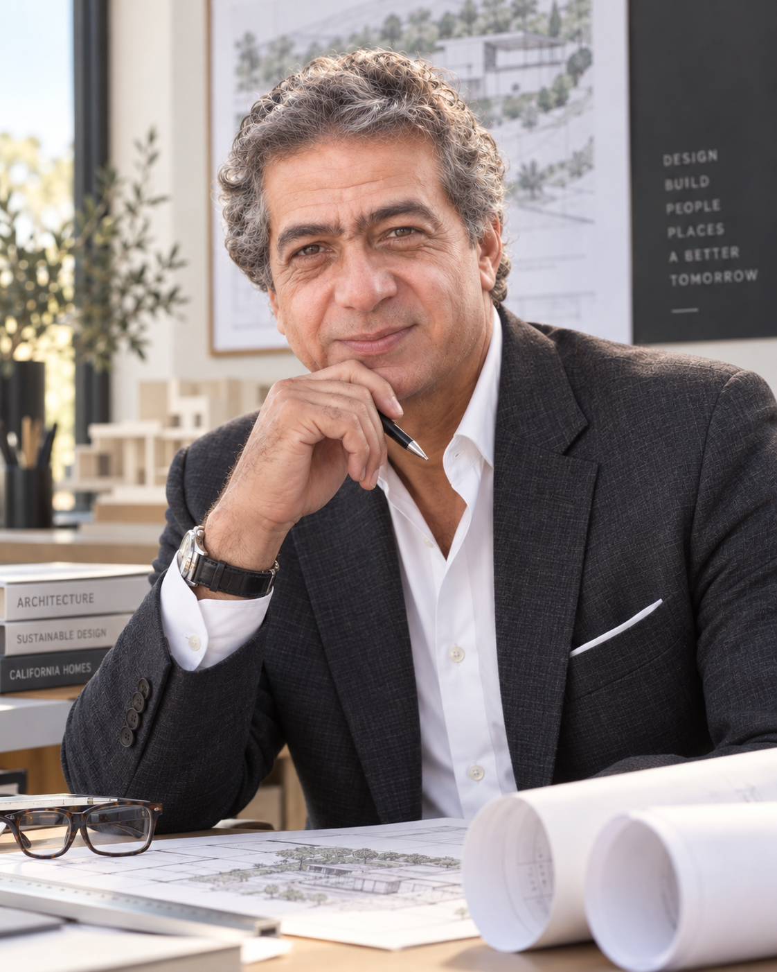 Octavio Rezende seated at a design desk with project drawings