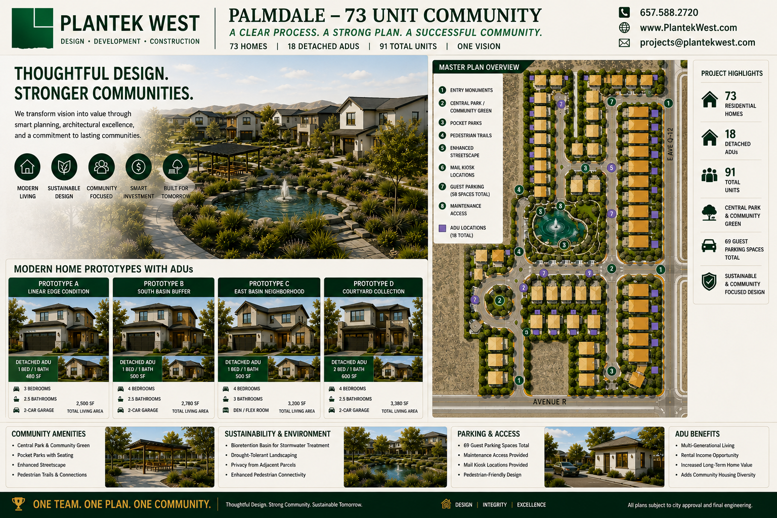 Palmdale 73 unit community master plan with home prototypes and detached ADUs