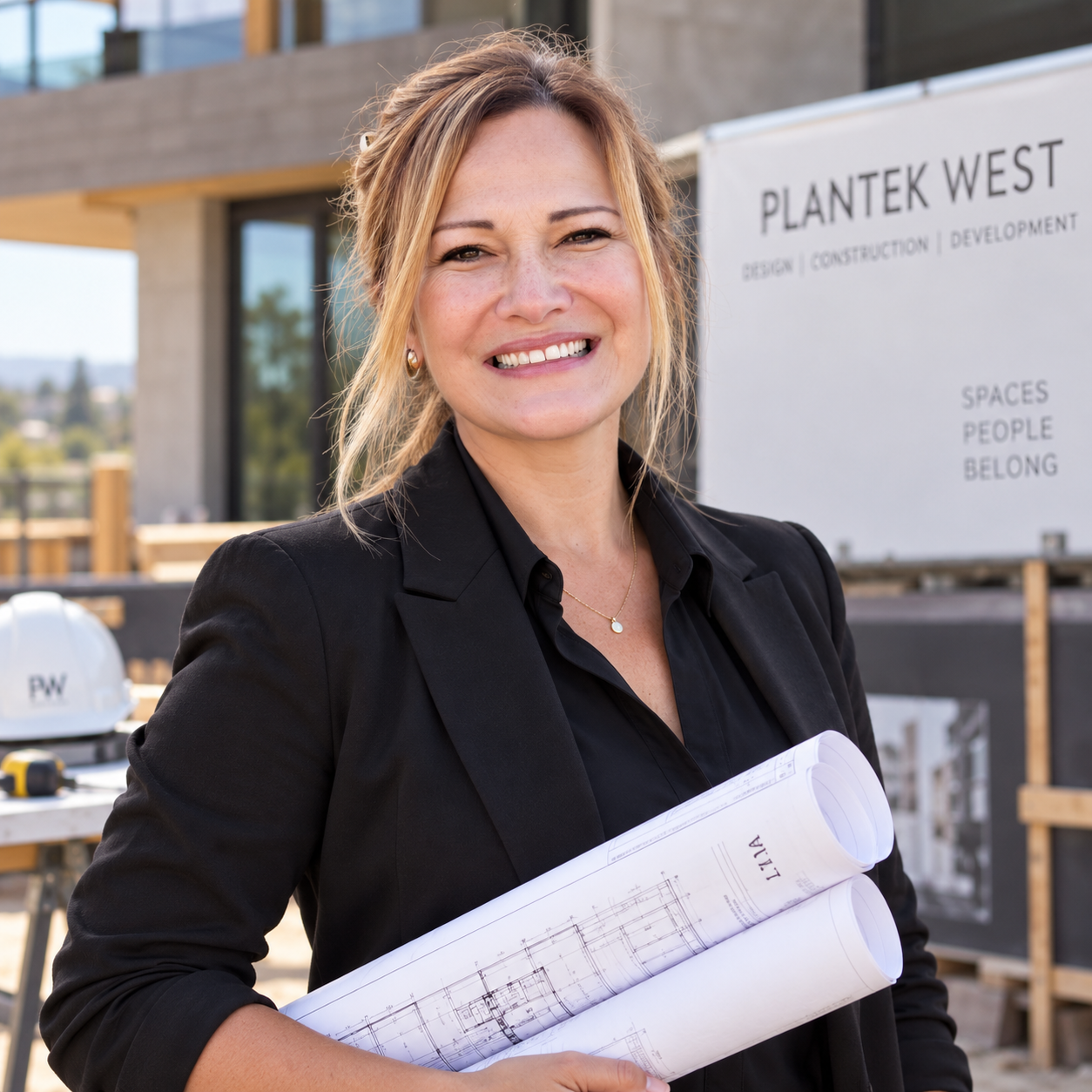 Sandra Burga holding project drawings at a Plantek West job site