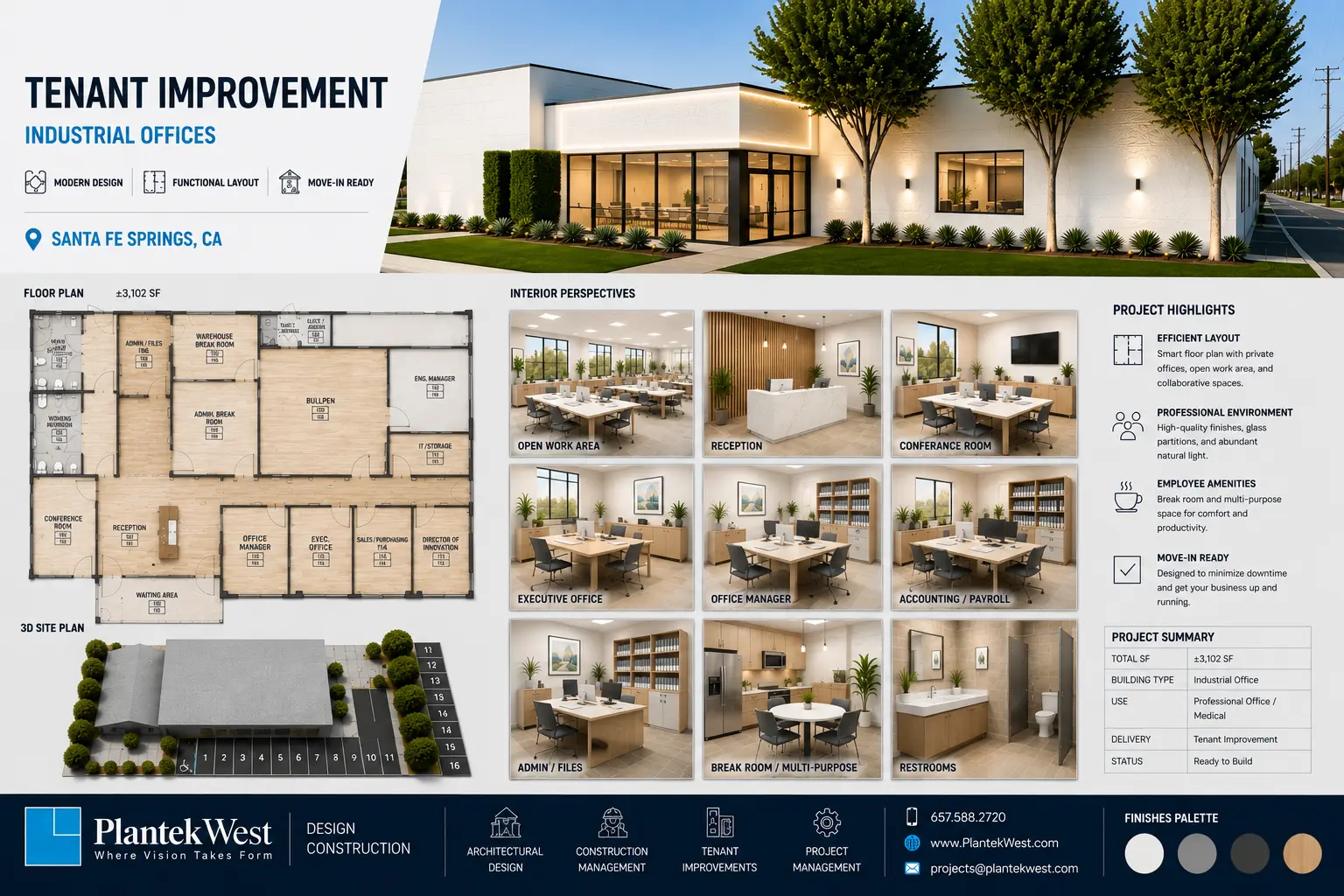 Santa Fe Springs industrial office tenant improvement plans and interior perspectives