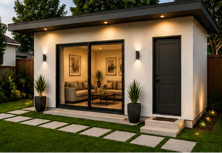 Detached ADU with full-height glass doors, landscaped entry and paved yard in Santa Monica