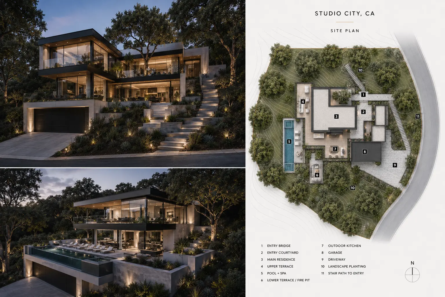 Studio City hillside residence renderings at dusk with landscaped site plan