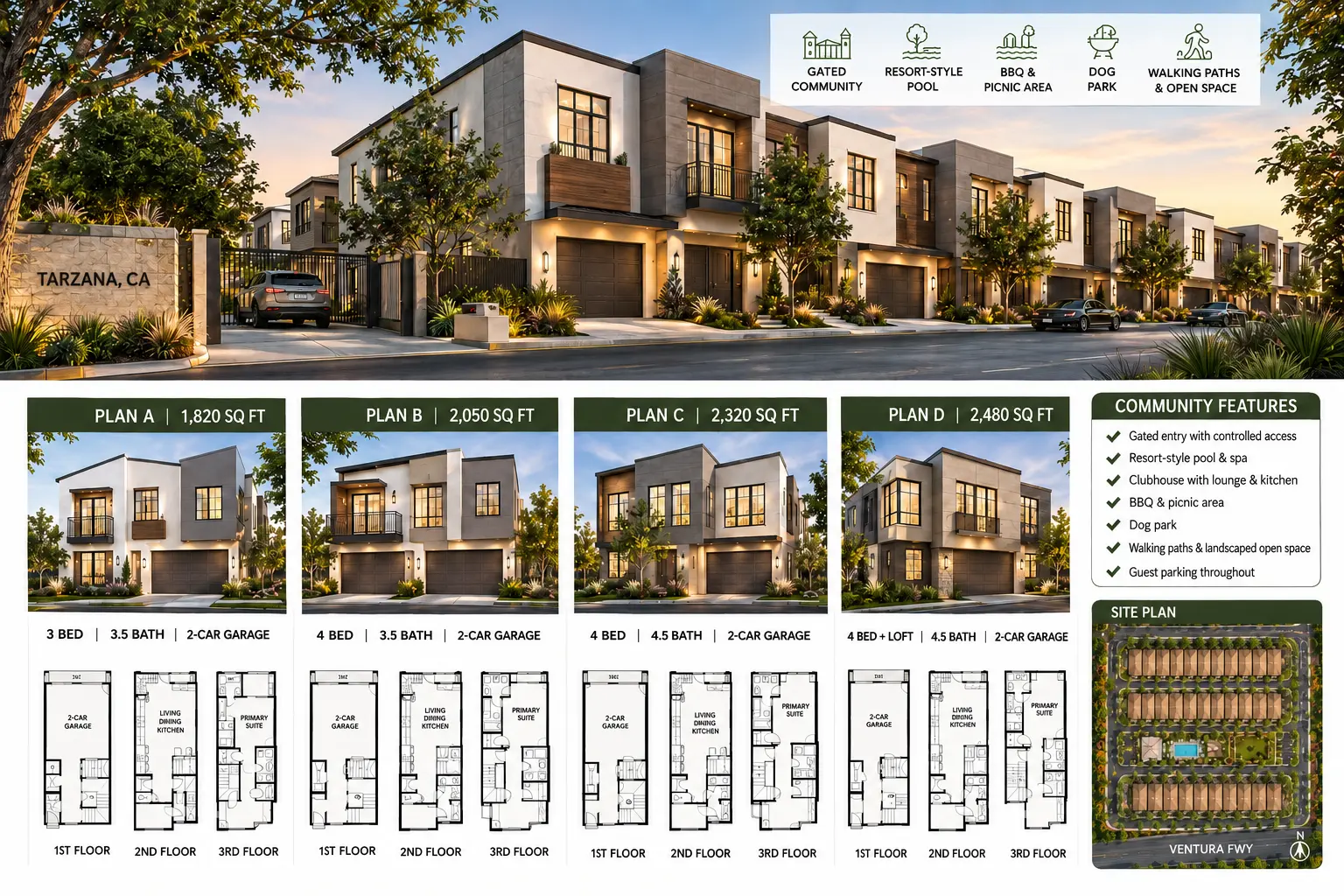 Tarzana gated townhome community rendering with four home plans and site plan