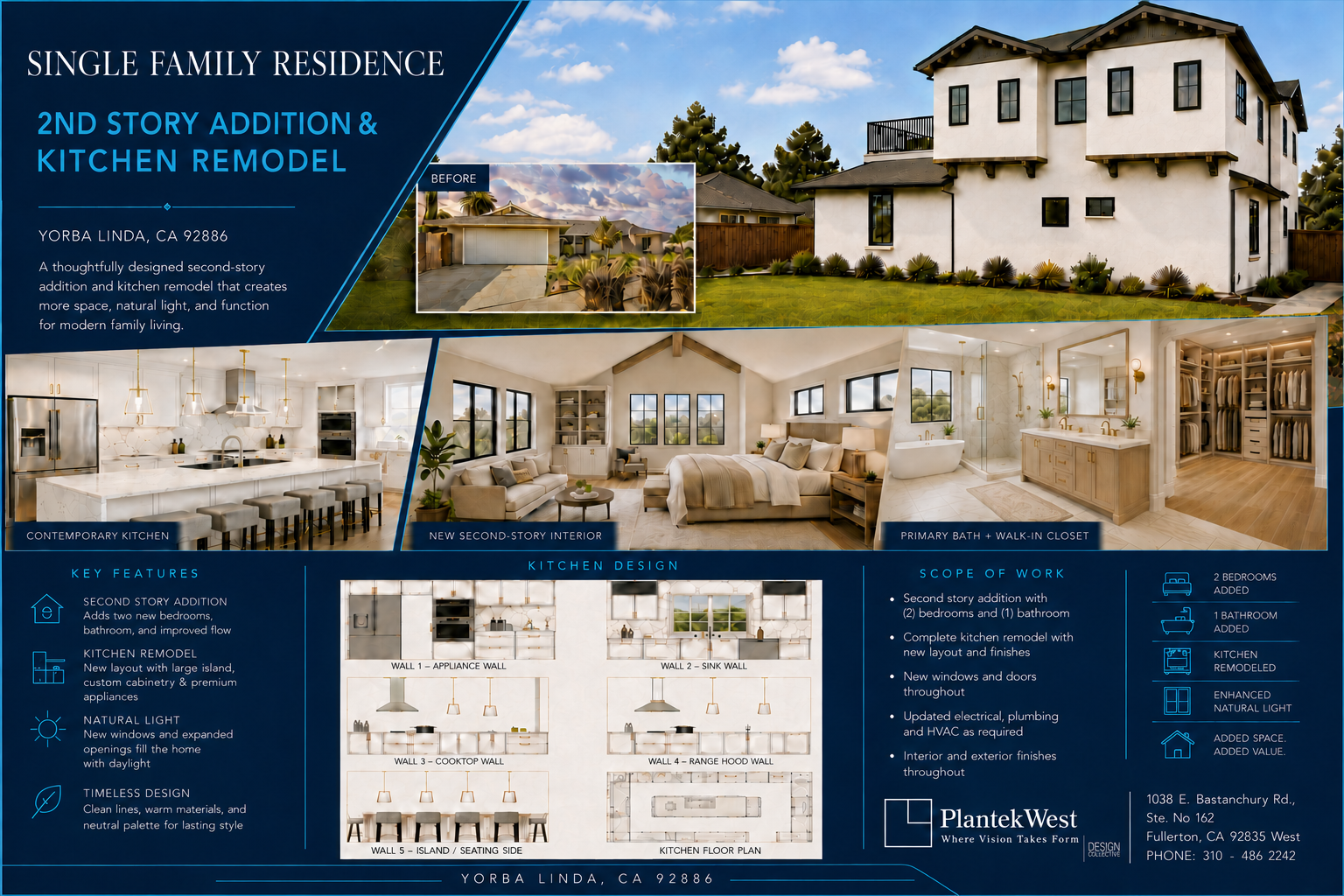 Yorba Linda second-story addition and kitchen remodel board with existing and proposed interiors